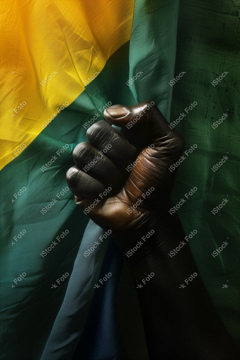 Uma imagem poderosa com um punho preto levantado ao fundo a bandeira do brasil, Gerado com IA (3)