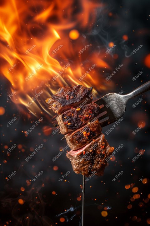 Fatias suculentas de churrasco, com chamas ao fundo