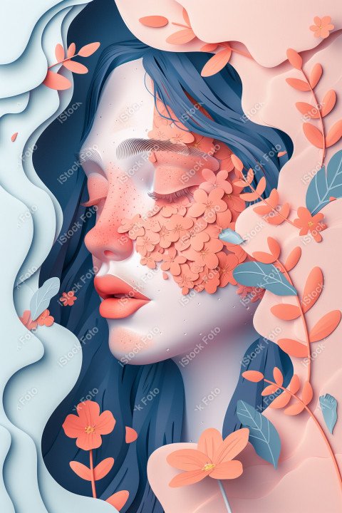 Ilustração conceito de estilo de papel do Dia Internacional da Mulher em estilo naturalista, rosa claro (34)