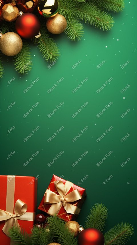 Green Christmas background, with gifts and tree