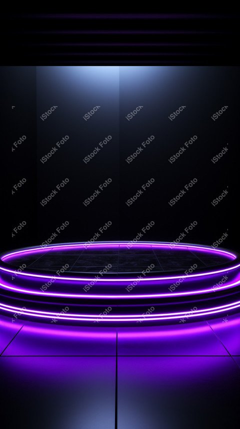 Neon Violet light round podium and black background for mock up,