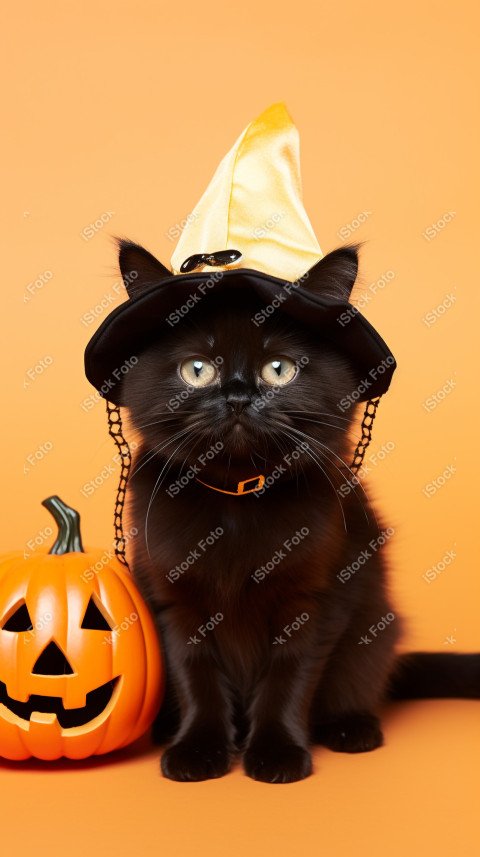 Adorable Black Cat in Halloween Costume with Evil Pumpkins