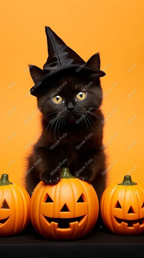 Adorable Black Cat in Halloween Costume with Evil Pumpkins