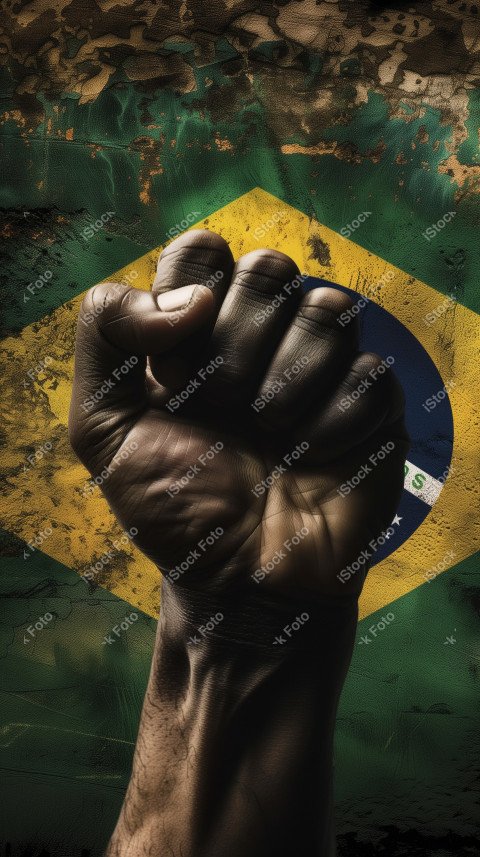 Uma imagem poderosa com um punho preto levantado ao fundo a bandeira do brasil, Gerado com IA (5)