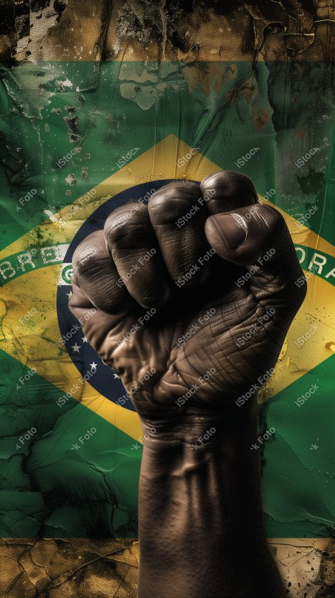 Uma imagem poderosa com um punho preto levantado ao fundo a bandeira do brasil, Gerado com IA (6)