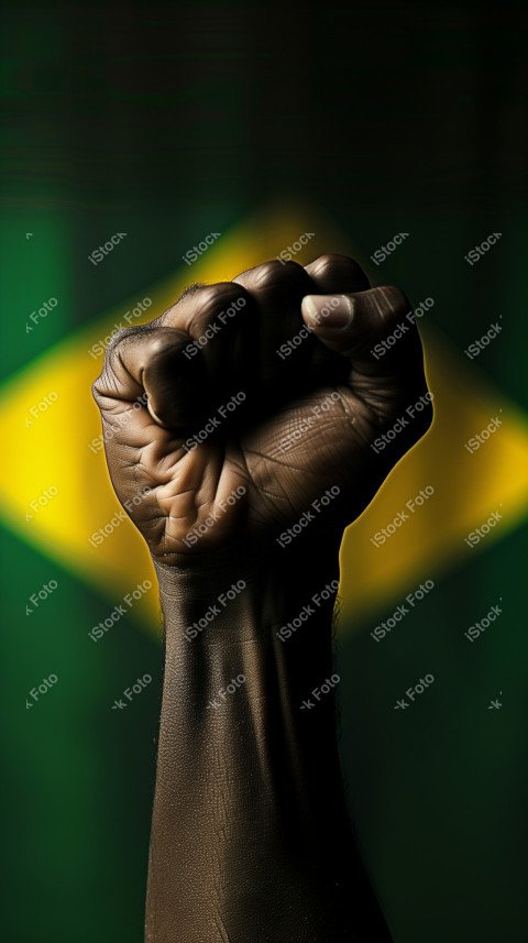 Uma imagem poderosa com um punho preto levantado ao fundo a bandeira do brasil, Gerado com IA (12)