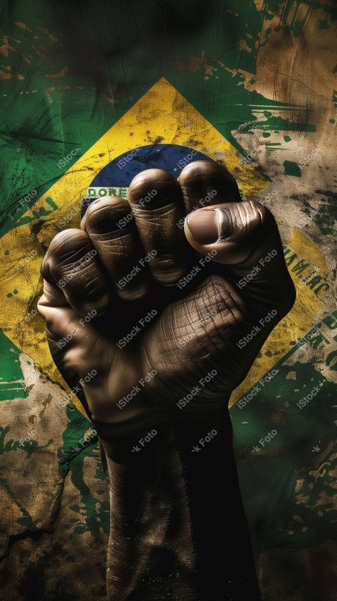 Uma imagem poderosa com um punho preto levantado ao fundo a bandeira do brasil, Gerado com IA (11)