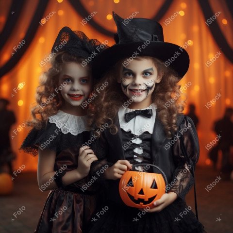 Happy halloween children in costumes and makeup holiday happy ha