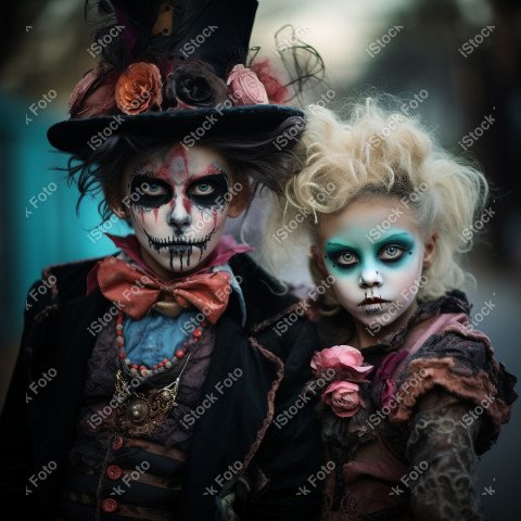 Happy halloween children in costumes and makeup holiday happy ha