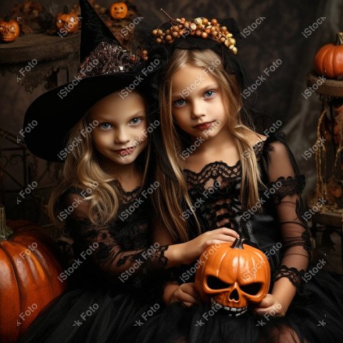 Happy halloween children in costumes and makeup holiday happy ha