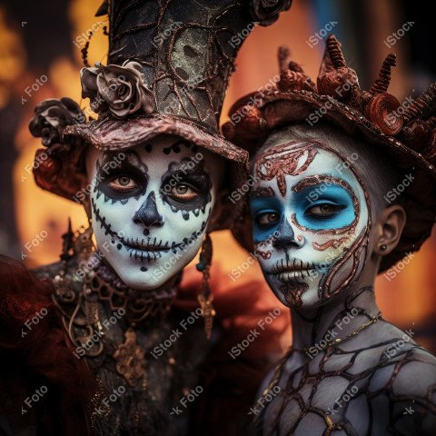 Happy halloween children in costumes and makeup holiday happy ha