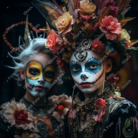 Happy halloween children in costumes and makeup holiday happy ha