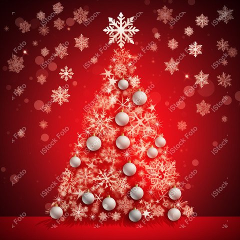 Red background of Merry Christmas card, Christmas tree and snow