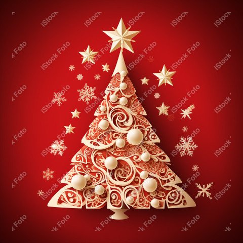 Red background of Merry Christmas card, Christmas tree and snow