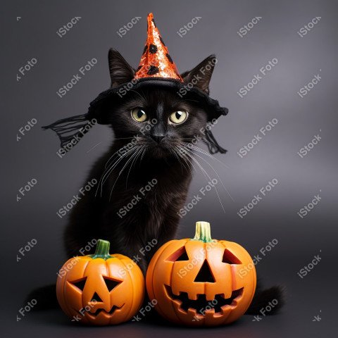 Adorable Black Cat in Halloween Costume with Evil Pumpkins