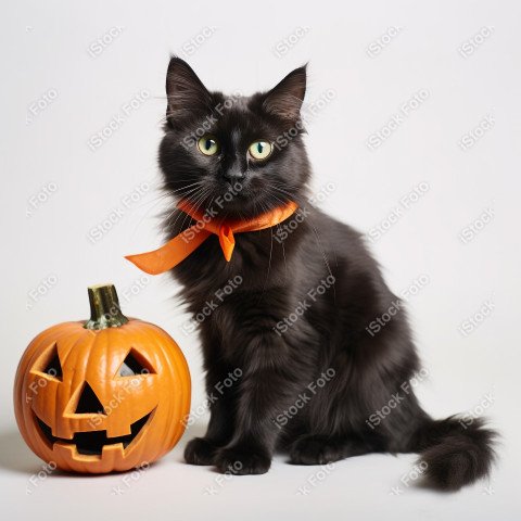 Adorable Black Cat in Halloween Costume with Evil Pumpkins