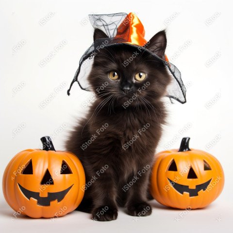 Adorable Black Cat in Halloween Costume with Evil Pumpkins