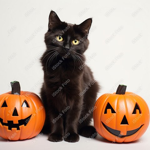 Adorable Black Cat in Halloween Costume with Evil Pumpkins