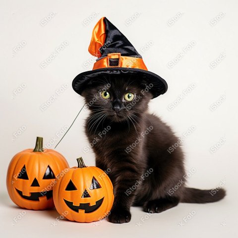 Adorable Black Cat in Halloween Costume with Evil Pumpkins