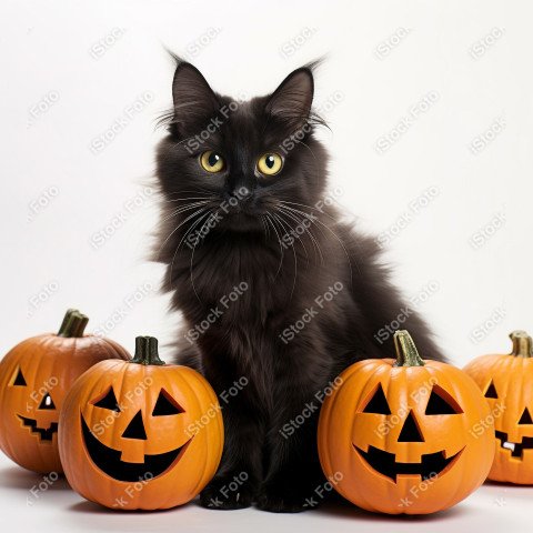 Adorable Black Cat in Halloween Costume with Evil Pumpkins