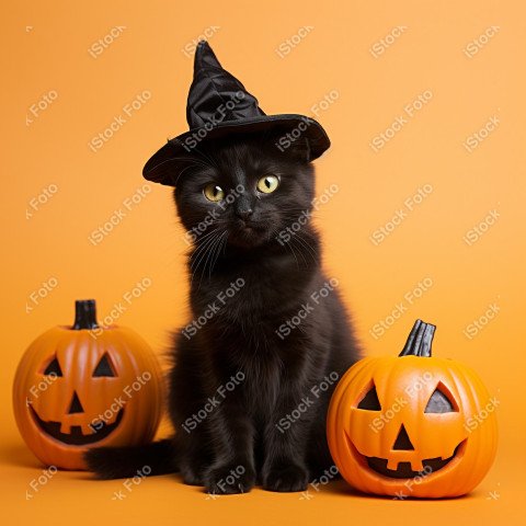 Adorable Black Cat in Halloween Costume with Evil Pumpkins