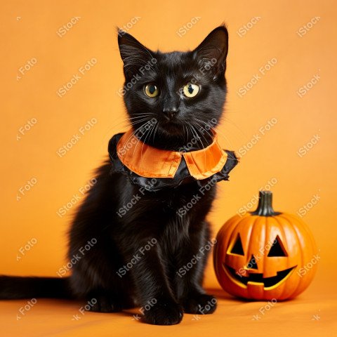 Adorable Black Cat in Halloween Costume with Evil Pumpkins