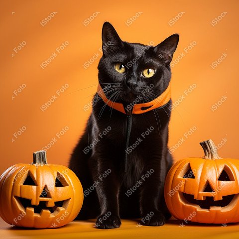 Adorable Black Cat in Halloween Costume with Evil Pumpkins