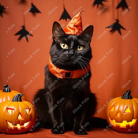 Adorable Black Cat in Halloween Costume with Evil Pumpkins