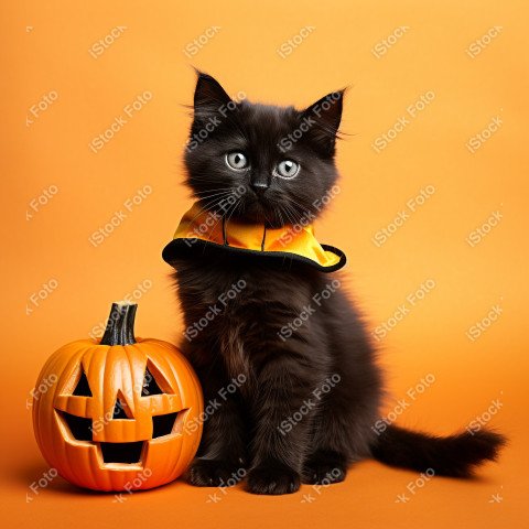 Adorable Black Cat in Halloween Costume with Evil Pumpkins