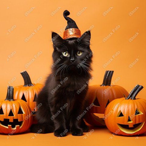 Adorable Black Cat in Halloween Costume with Evil Pumpkins