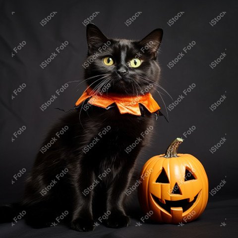 Adorable Black Cat in Halloween Costume with Evil Pumpkins