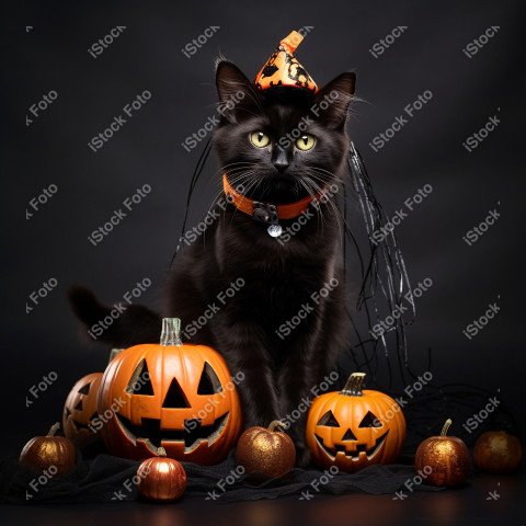 Adorable Black Cat in Halloween Costume with Evil Pumpkins