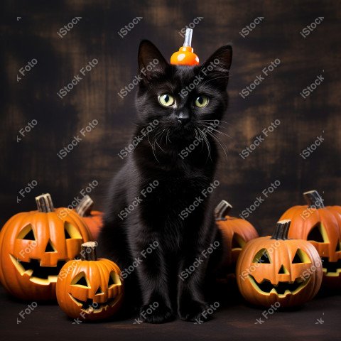 Adorable Black Cat in Halloween Costume with Evil Pumpkins