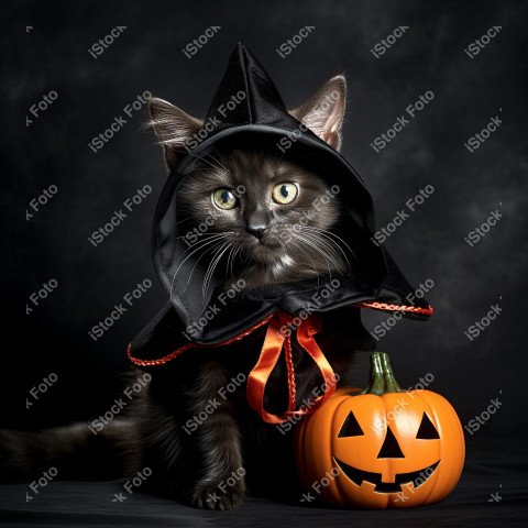 Adorable Black Cat in Halloween Costume with Evil Pumpkins