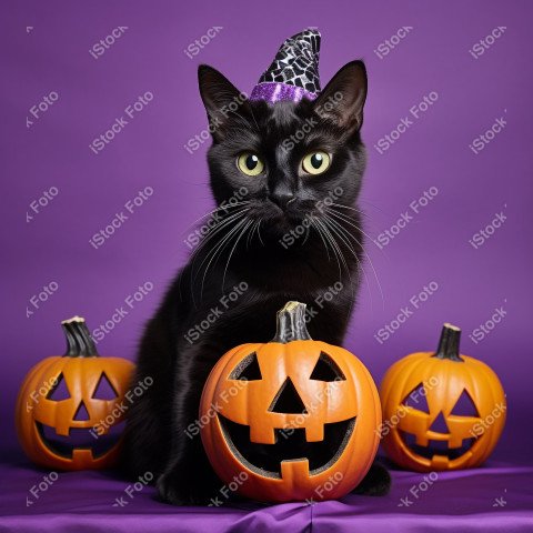 Adorable Black Cat in Halloween Costume with Evil Pumpkins