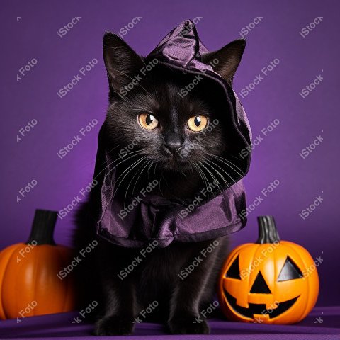Adorable Black Cat in Halloween Costume with Evil Pumpkins