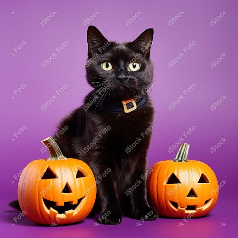 Adorable Black Cat in Halloween Costume with Evil Pumpkins