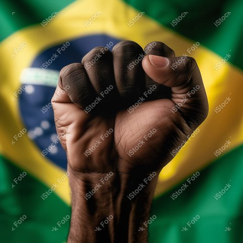 Uma imagem poderosa com um punho preto levantado ao fundo a bandeira do brasil, Gerado com IA (21)