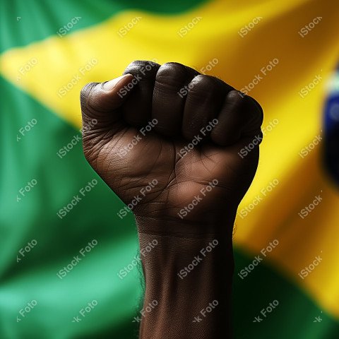 Uma imagem poderosa com um punho preto levantado ao fundo a bandeira do brasil, Gerado com IA (26)