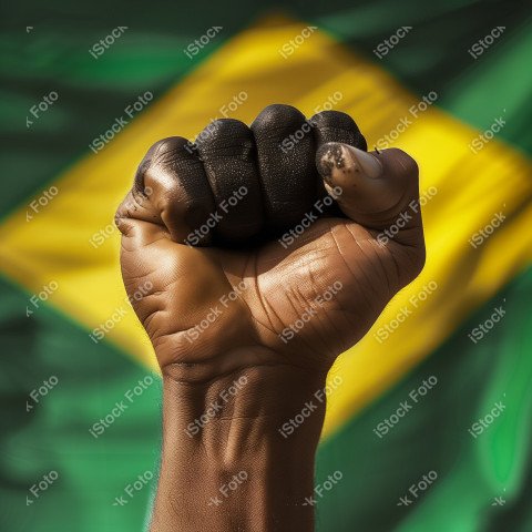 Uma imagem poderosa com um punho preto levantado ao fundo a bandeira do brasil, Gerado com IA (23)