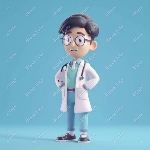 Ilustração 3D de um médico fofo e feliz em um fundo azul  (10)