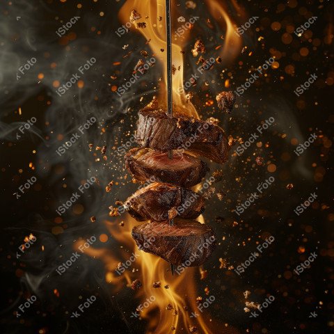 Fatias suculentas de churrasco, com chamas ao fundo