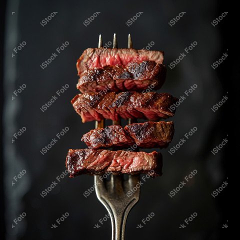 Fatias suculentas de churrasco, sobre um fundo preto de mármore