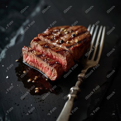 Fatias suculentas de churrasco, sobre um fundo preto de mármore