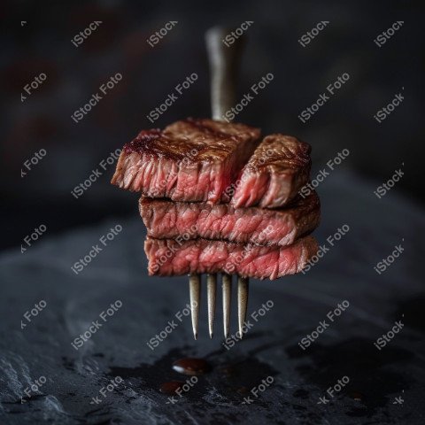 Fatias suculentas de churrasco, sobre um fundo preto de mármore